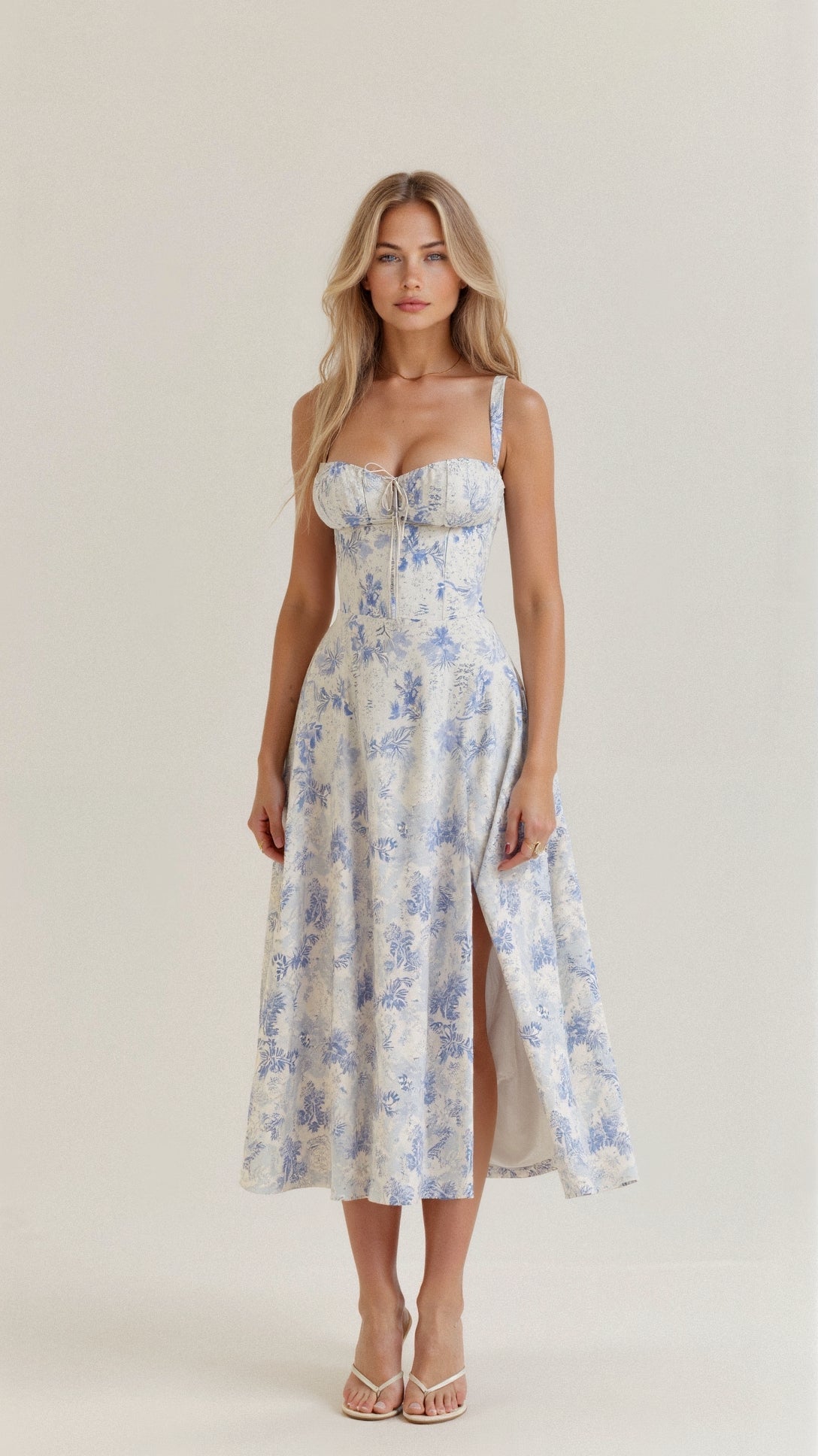 Romantisches Sommerkleid für Damen – Tailliertes Midikleid mit Bustier-Trägern und Schlitz