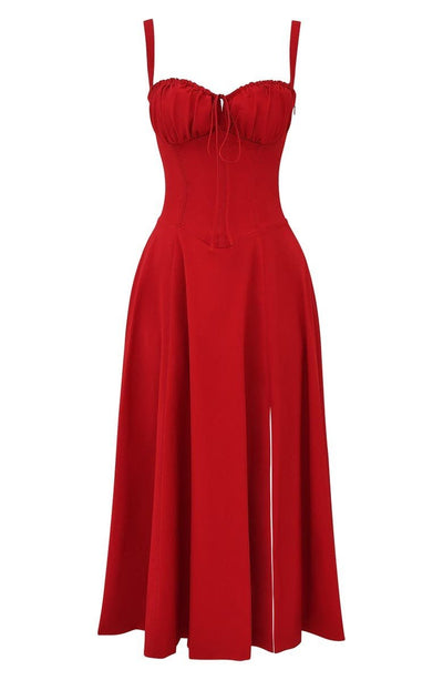 Romantisches Sommerkleid für Damen – Tailliertes Midikleid mit Bustier-Trägern und Schlitz
