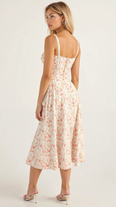 Romantisches Sommerkleid für Damen – Tailliertes Midikleid mit Bustier-Trägern und Schlitz