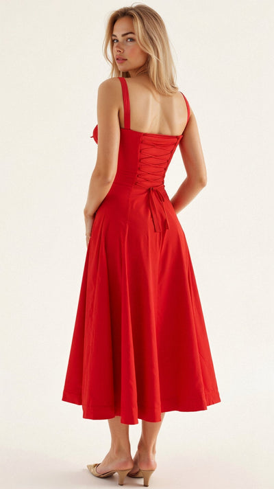 Romantisches Sommerkleid für Damen – Tailliertes Midikleid mit Bustier-Trägern und Schlitz