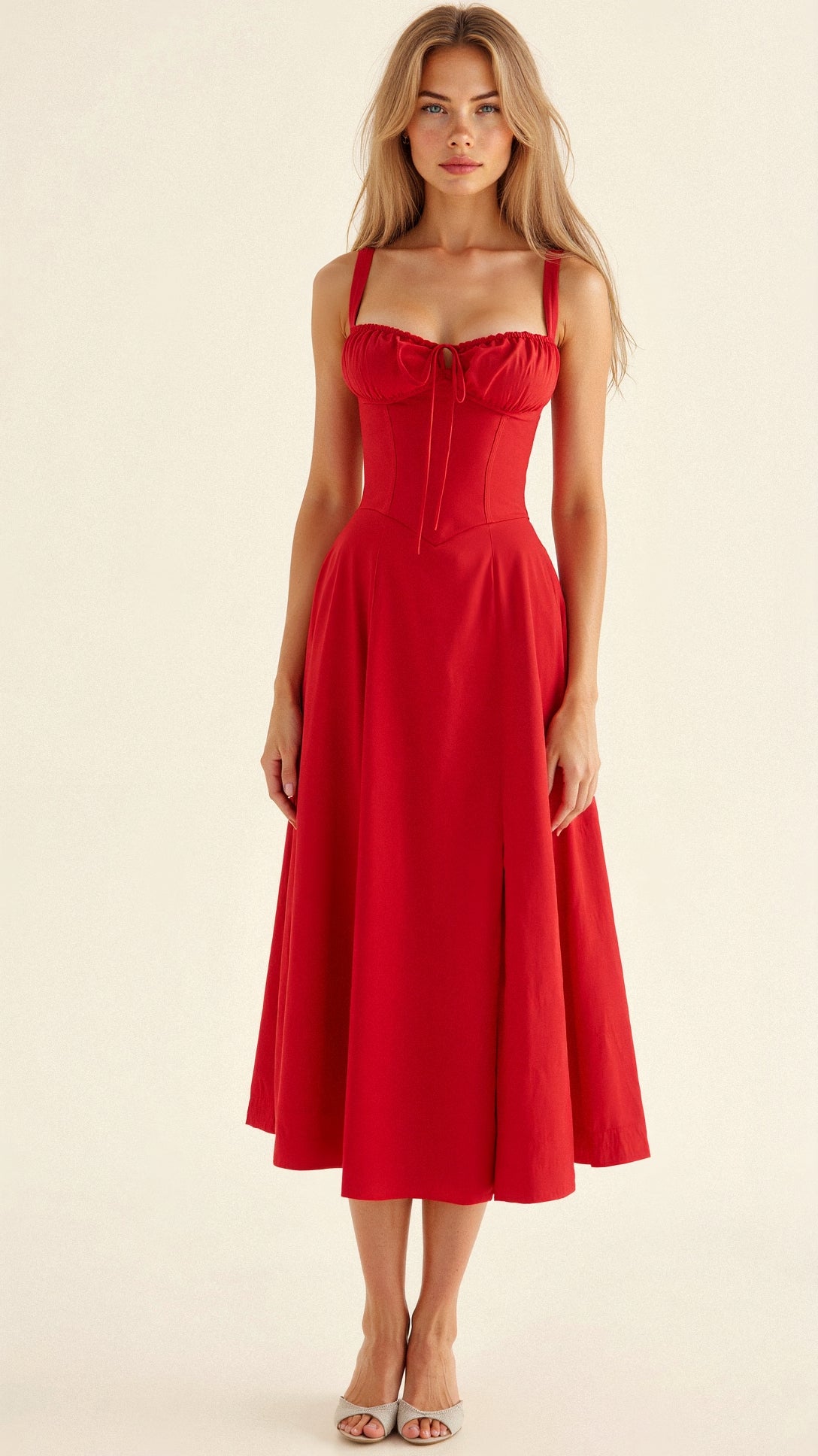 Romantisches Sommerkleid für Damen – Tailliertes Midikleid mit Bustier-Trägern und Schlitz