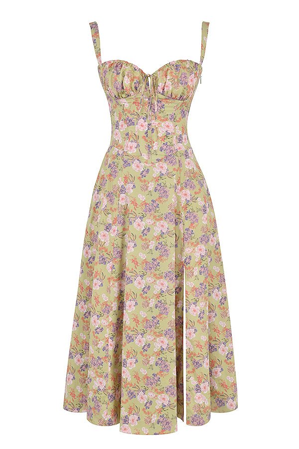 Romantisches Sommerkleid für Damen – Tailliertes Midikleid mit Bustier-Trägern und Schlitz