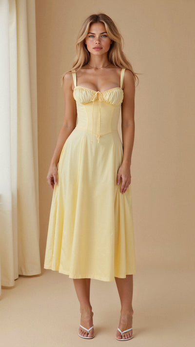 Romantisches Sommerkleid für Damen – Tailliertes Midikleid mit Bustier-Trägern und Schlitz