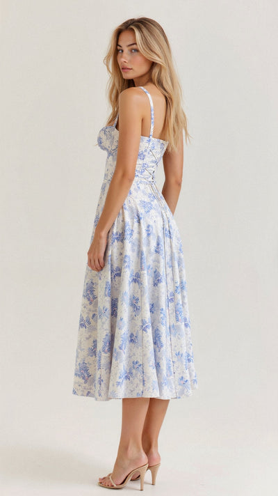 Romantisches Sommerkleid für Damen – Tailliertes Midikleid mit Bustier-Trägern und Schlitz