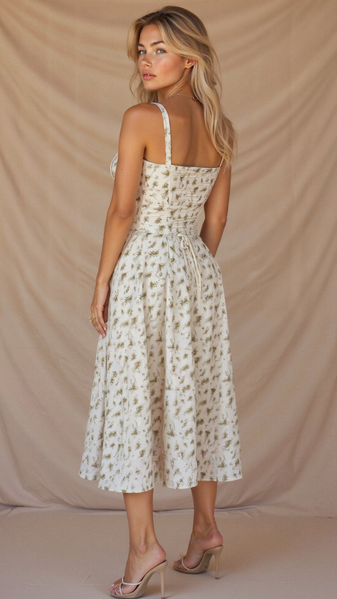 Romantisches Sommerkleid für Damen – Tailliertes Midikleid mit Bustier-Trägern und Schlitz