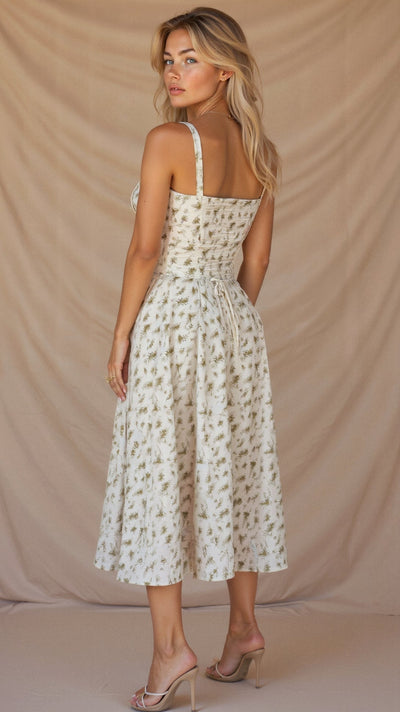 Romantisches Sommerkleid für Damen – Tailliertes Midikleid mit Bustier-Trägern und Schlitz