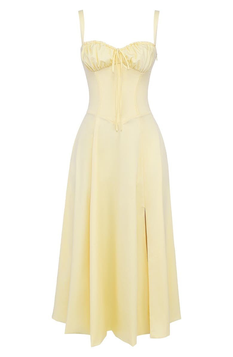 Romantisches Sommerkleid für Damen – Tailliertes Midikleid mit Bustier-Trägern und Schlitz