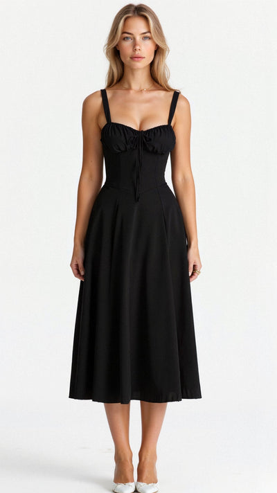 Romantisches Sommerkleid für Damen – Tailliertes Midikleid mit Bustier-Trägern und Schlitz